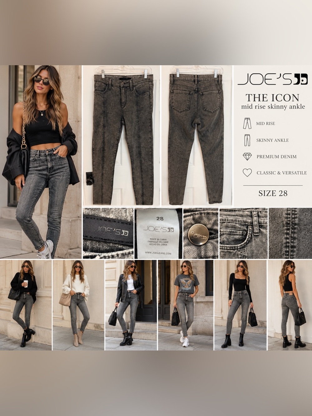 Joe’s Jeans The Icon Mid Rise Skinny Ankle Gray Acid Wash Jeans Size 28